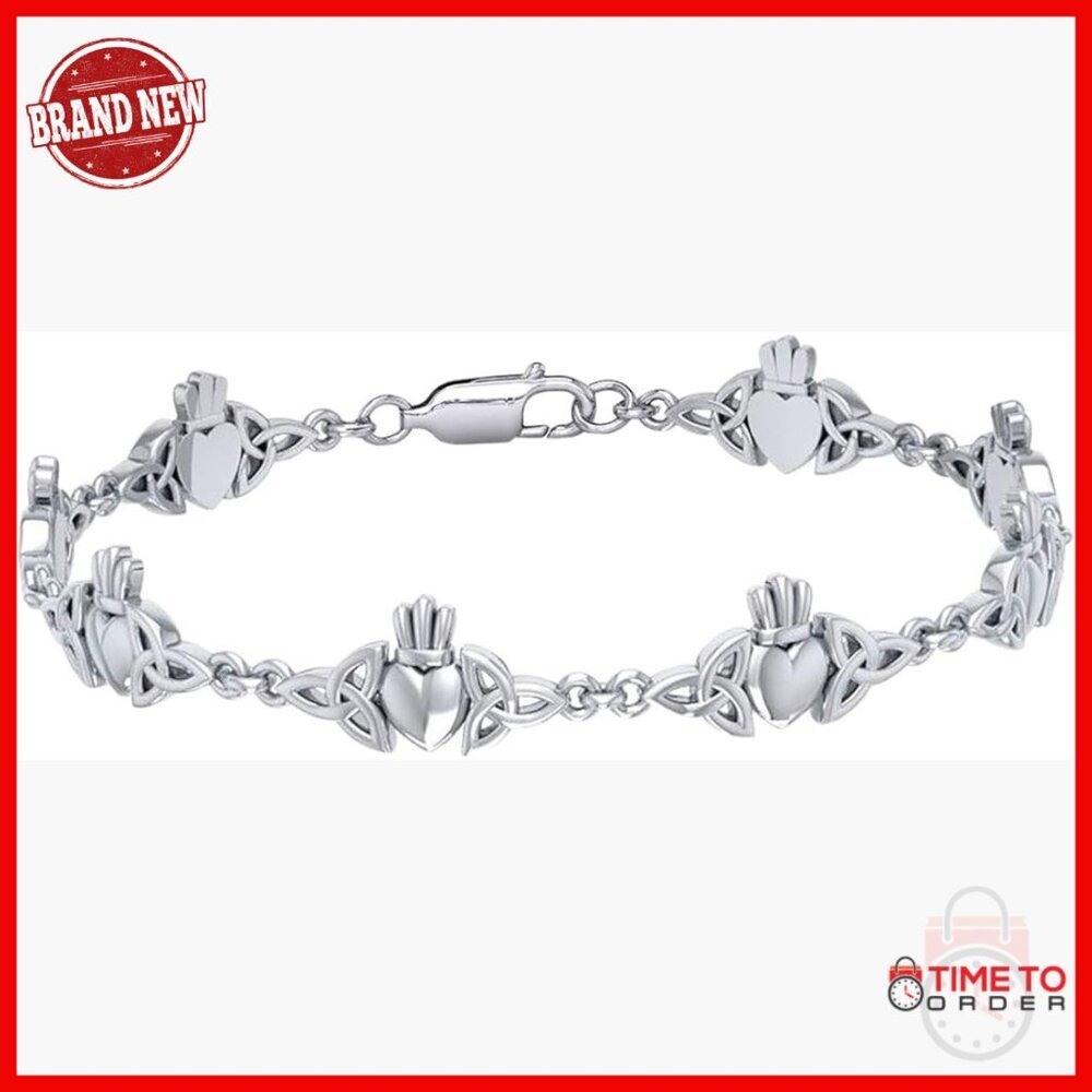 Sterling Silver Celtic Trinity Claddagh Link Bracelet 8.5in